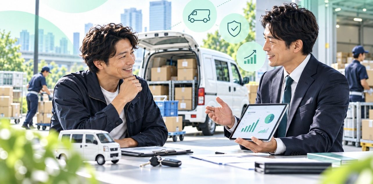 タブレットを見ながら車両や経営について相談する2人