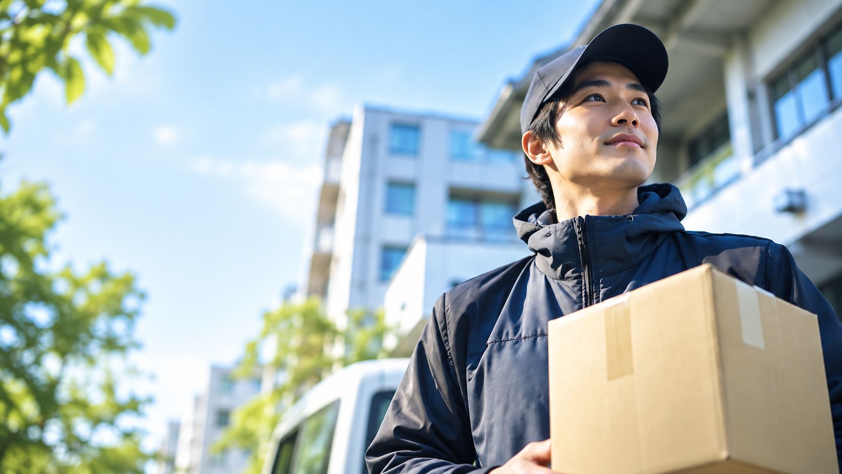 荷物を抱えて街に立つ配送スタッフ